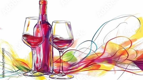 Fototapeta a bottle of wine and a glass of wine, an image for a winery, wine plantations vines