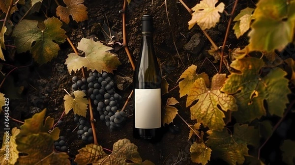 Fototapeta a bottle of wine and a glass of wine, an image for a winery, wine plantations vines