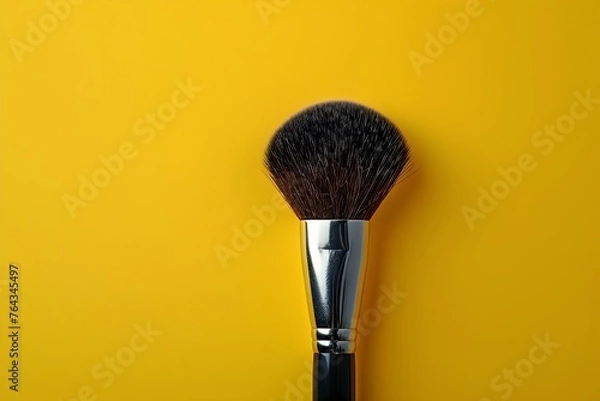 Obraz Makeup brush on Pale Yellow color background centered professional photo copy space. Concept Makeup brush, Pale Yellow Background, Professional Photo, Centered Composition, Copy Space