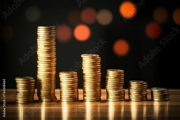 Fototapeta Stack of coins sitting on top of a wooden table