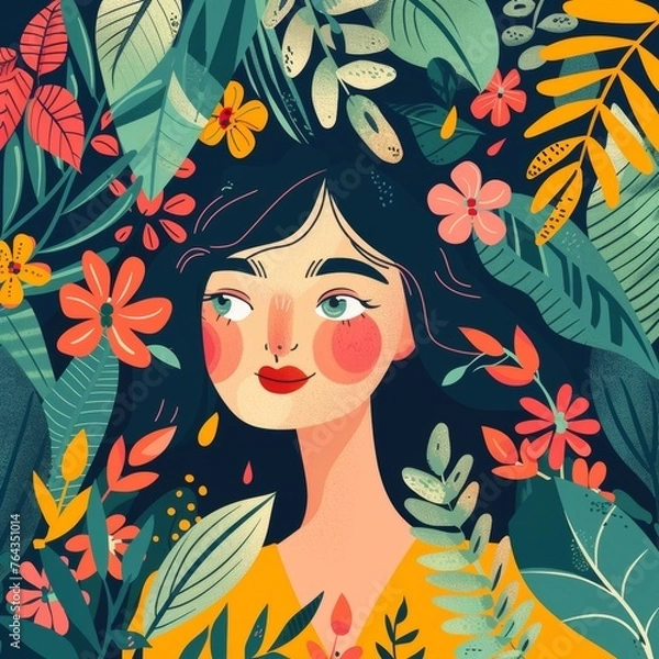 Obraz Woman with flowers. Concept of mothers day illustration.