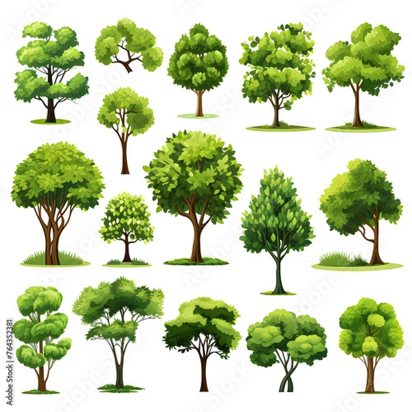 Fototapeta Clipart illustration, set of green trees on white background. Suitable for crafting and digital design projects.[A-0010]