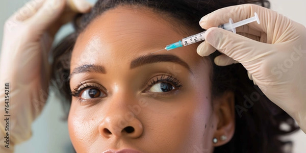 Fototapeta Close-up of an African American woman getting a botox injection by a professional in a clinical setting.