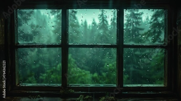 Fototapeta Raindrops on window with forest view at night