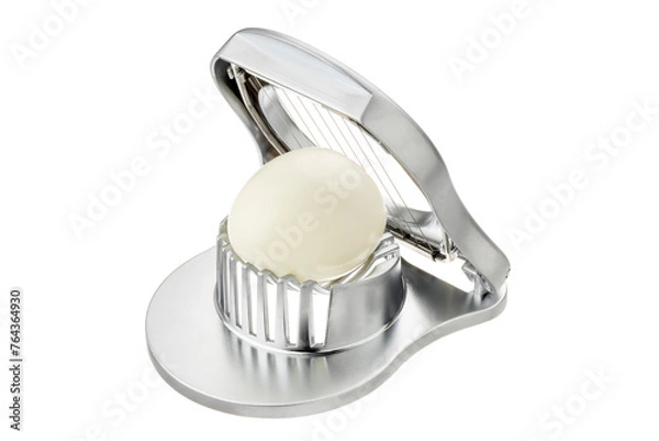 Obraz open metal design egg slicer with uncut egg isolated on white background	