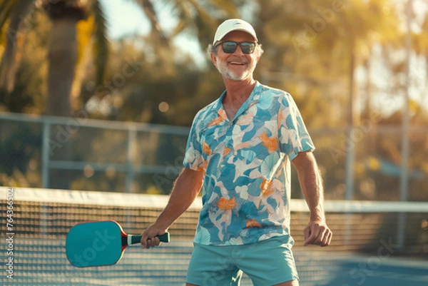 Fototapeta Happy man holding a pickleball paddle smiles on an outdoor court in the summer