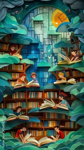 Fototapeta Paper cut illustration of a summer reading challenge at the local library