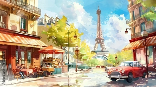 Obraz Parisian Charm: Vintage Car and Café with Eiffel Tower View