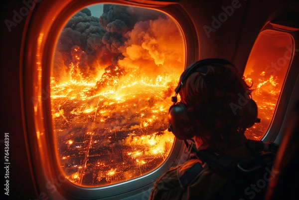 Fototapeta Dramatic aerial view of a catastrophic wildfire from an airplane window, witnessed by a passenger