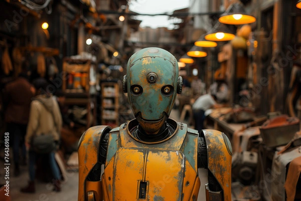Fototapeta Weathered robot stands amidst a bustling market street, suggesting a narrative of robots integrated into human daily life