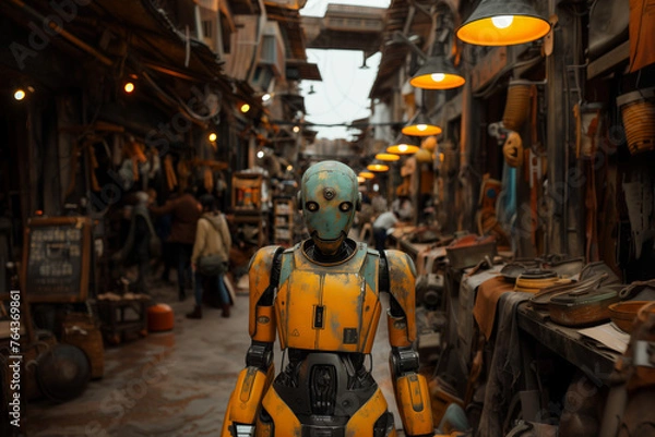 Fototapeta Weathered robot stands amidst a bustling market street, suggesting a narrative of robots integrated into human daily life