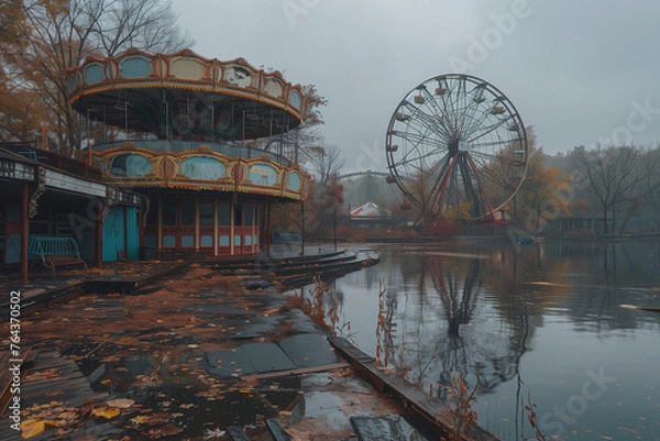 Fototapeta Desolate and haunting abandoned amusement park scenes, where nature reclaims the once vibrant and bustling leisure spots