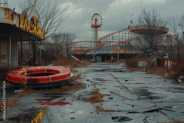 Fototapeta Desolate and haunting abandoned amusement park scenes, where nature reclaims the once vibrant and bustling leisure spots