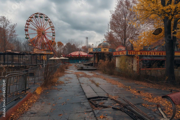 Fototapeta Desolate and haunting abandoned amusement park scenes, where nature reclaims the once vibrant and bustling leisure spots