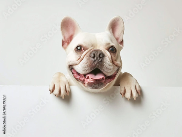 Fototapeta Happy white french bulldog peeking out and hanging its paw on blank poster board against white background. Blank copyspace for text.