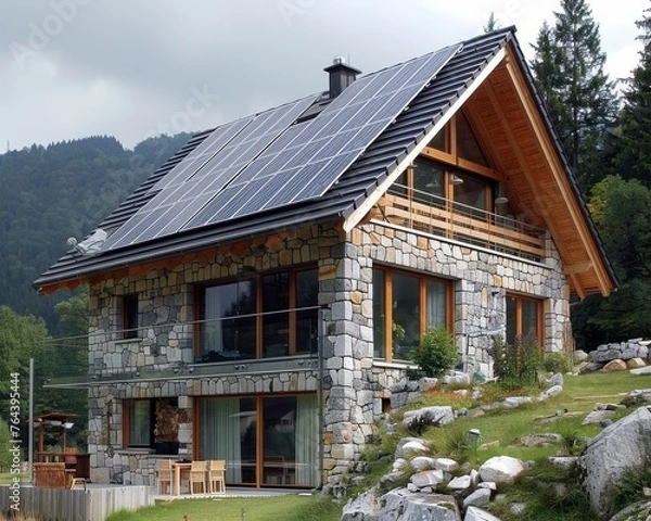 Fototapeta A large stone house with a black roof and a solar panel on the roof