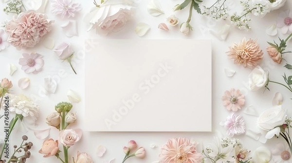 Fototapeta A blank wedding invitation mockup surrounded by soft floral decor