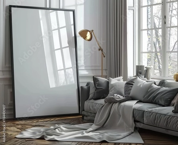 Fototapeta Black Frame Mockup Set in a Classic White Interior with Modern Furniture. Presented in 3D Render. Made with Generative AI Technology