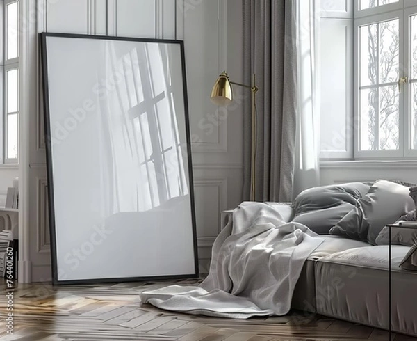Fototapeta Black Frame Mockup Set in a Classic White Interior with Modern Furniture. Presented in 3D Render. Made with Generative AI Technology