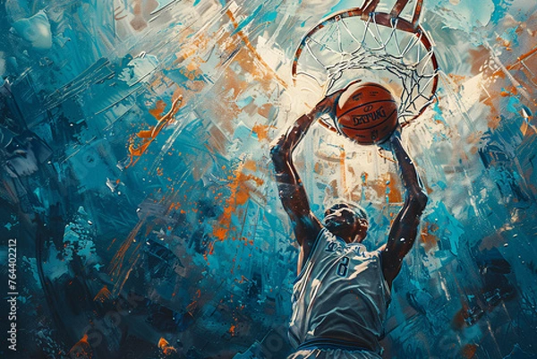 Fototapeta Artistic representation of an intense moment in basketball, capturing a slam dunk in a splatter of vibrant colors.