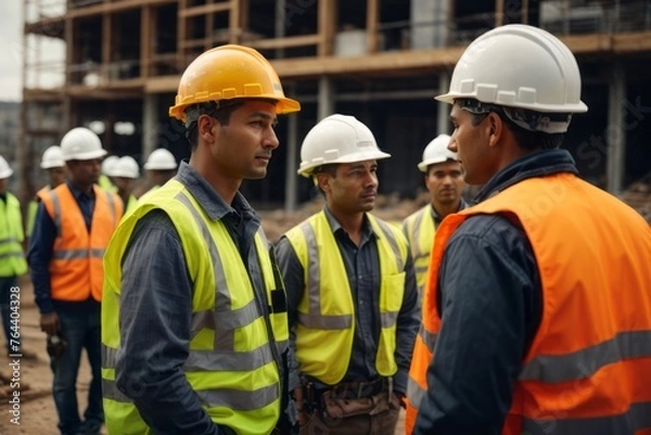 Fototapeta construction workers wearing helmet and safety vest on construction construction site