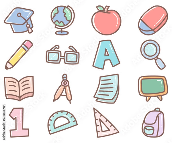Obraz Cute Doodle Paste Color Style School Theme Vector Illustration Collection Set. Editable Line. Adjustable Stroke Width.