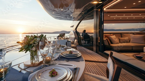 Obraz A beautiful yacht with a table set up for a dinner party