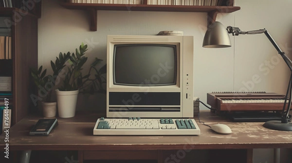 Obraz An computer desk with aold retro computer computer monitor and keyboard