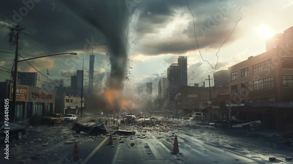Obraz A city is destroyed by a tornado, with debris and rubble everywhere