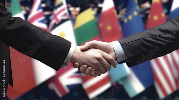 Obraz Two men shaking hands in front of flags of many countries, trade cooperation, free trade zone concept