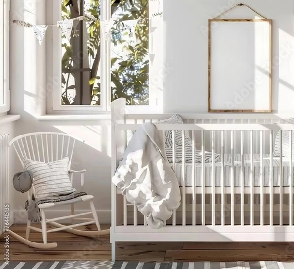 Fototapeta Frame Mockup in a White Children's Room Interior. Made with Generative AI Technology