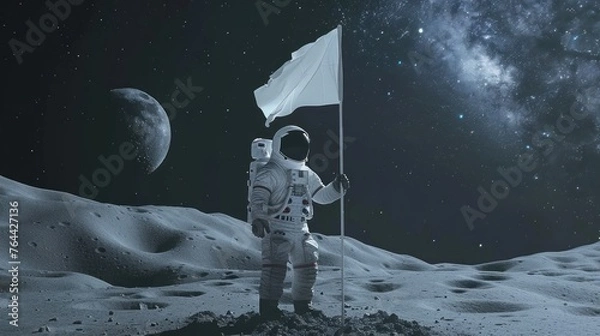 Fototapeta A man in a spacesuit stands on a moon like surface holding a white flag.