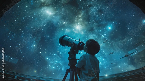 Obraz Child stargazing with telescope.