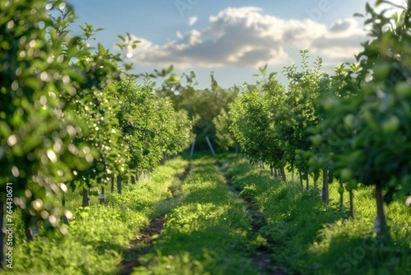 Fototapeta Young apple orchard rows with sunlight filtering through leaves, fluffy clouds above.