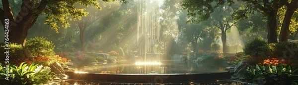 Fototapeta A peace agreement ceremony taking place in a lush garden, with ambassadors exchanging documents The camera angle is a wide shot from a distance to emphasize the serene setting 3D render image