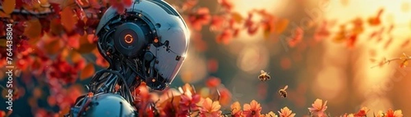 Fototapeta Robot with mechanical limbs in garden, colorful petals, bees, high contrast, sunrise bright bold colors, 8k, macro lens, 3d