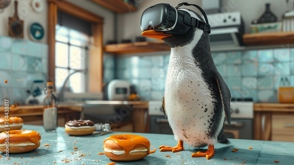 Fototapeta Penguin with VR headset, virtual donut making, futuristic kitchen, bright daylight, side angle 3d render