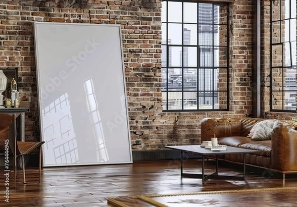 Fototapeta Mockup Frame Set in a Living Room Lot, Industrial Style. Presented in 3D Render. Made with Generative AI Technology