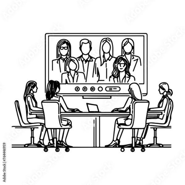 Fototapeta one continues black line drawing business people video conferencing using Laptop working from home sketch outline doodle vector style illustration on white