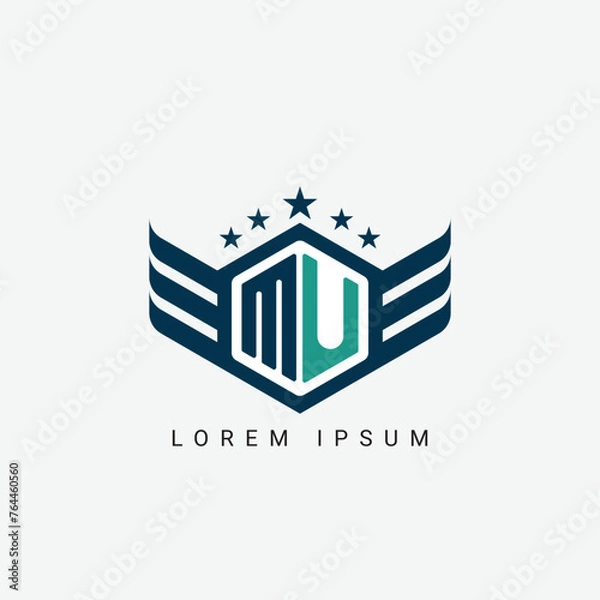 Fototapeta Alphabet letter MU, UM, M, U logo hexagon shape concept with wings ornament silhouette