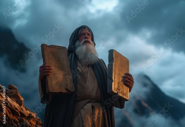 Fototapeta Generative AI of Moses Holding the Ten Commandments concept for Biblical Revelation, Divine Law and Faith, Spiritual Morality, and Religious Heritage
