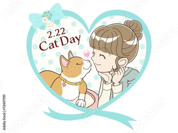 Fototapeta 猫の日フレーム　ラブラブな猫と飼い主女性