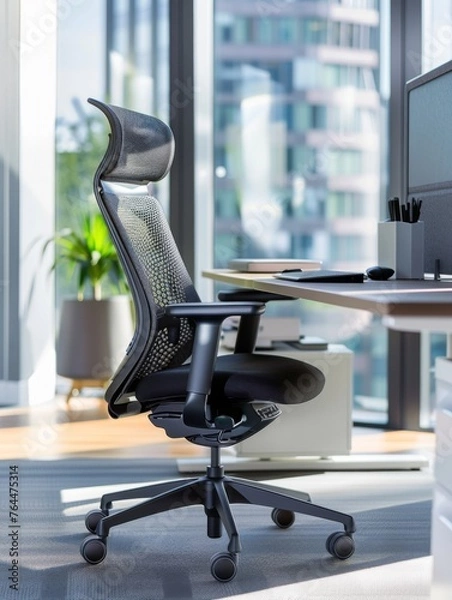 Fototapeta An ergonomic office chair and stylish desk accessories define a professional workspace, marrying modern design with comfort for productivity and wellbeing.
