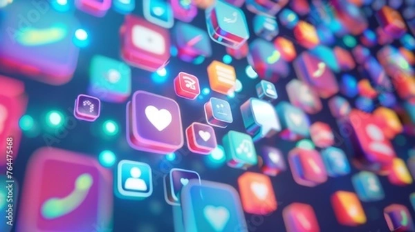 Fototapeta A vibrant, abstract representation of AI-driven social media, with floating, glowing app icons symbolizing personalized content management and the dynamic flow of digital interactions.