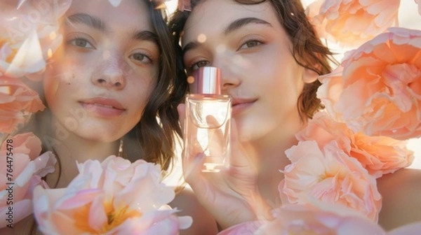 Fototapeta Close-up of Gen Z women holding up their favorite fragrances, surrounded by soft floral blooms, showcasing the intimate and delicate allure of perfume.