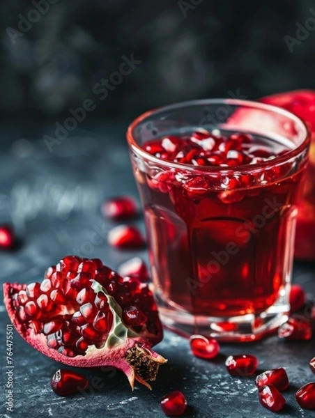 Obraz A glass of rich, ruby-red pomegranate juice with scattered arils offers a visual feast, embodying the allure of natural antioxidants on a textured dark backdrop.