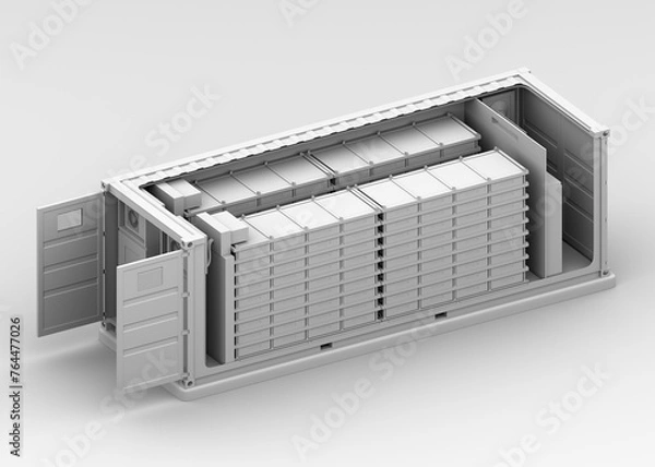 Fototapeta Clay rendering of Containerized Battery Energy Storage System. Isometric Cutaway view. Generic design. 3D rendering image.