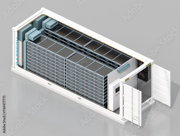 Fototapeta Isometric Cutaway view of Containerized Battery Energy Storage System on gray background. Generic design. 3D rendering image.