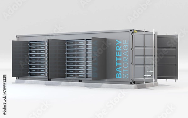 Fototapeta Containerized Battery Energy Storage concept. Doors opened. Storage batteries on racks. Generic design. 3D rendering image.
