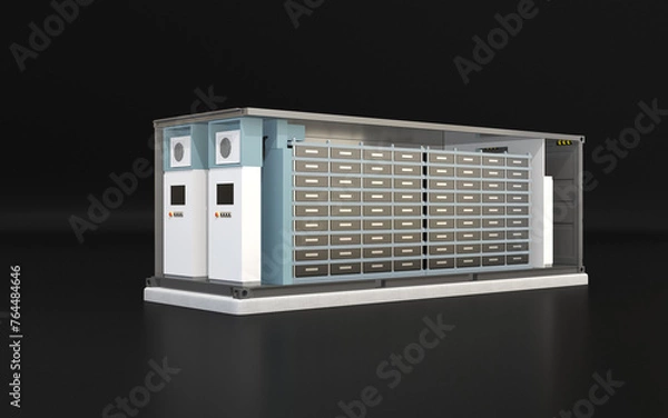 Obraz Cutaway view of Containerized Battery Energy Storage System on black background. Generic design. 3D rendering image.